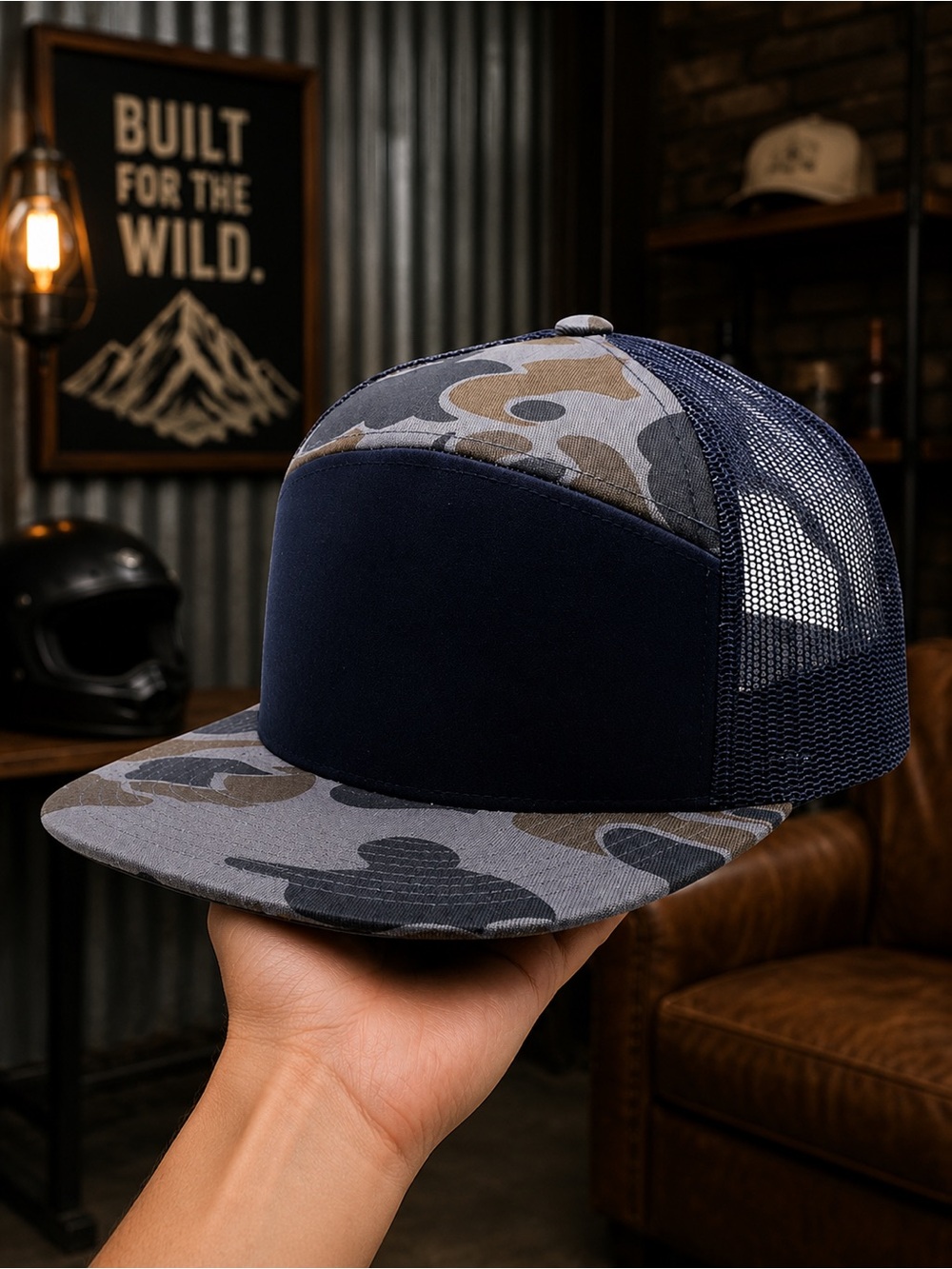 Navy Camo Trucker Snapback Hat Flat Bill Mesh Adjustable Blank Cap High Profile